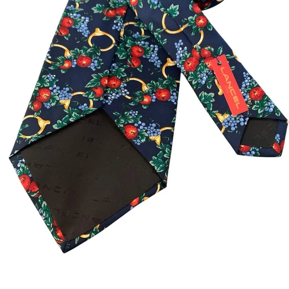 Lancel Paris Silk Floral Fruit Horsebit Stirrup Print Mens Neck Tie Navy Red New